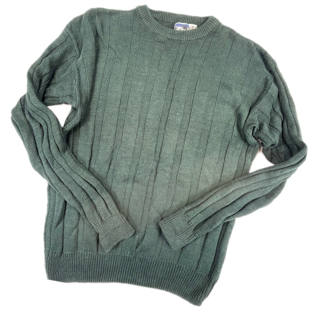 Vintage Todays News Ribbed Sweater L Green Ramie Knit 90s Retro Grandpacore
